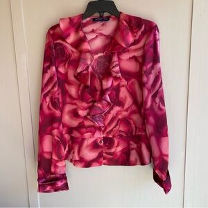 EUC Red Floral V-neck button down Jones New York Signature Blouse L